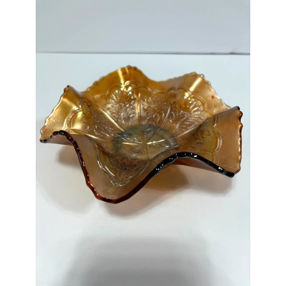 Vintage Marigold Carnival Glass Bowl Ruffle Edge IrIridescent Floral Collectible